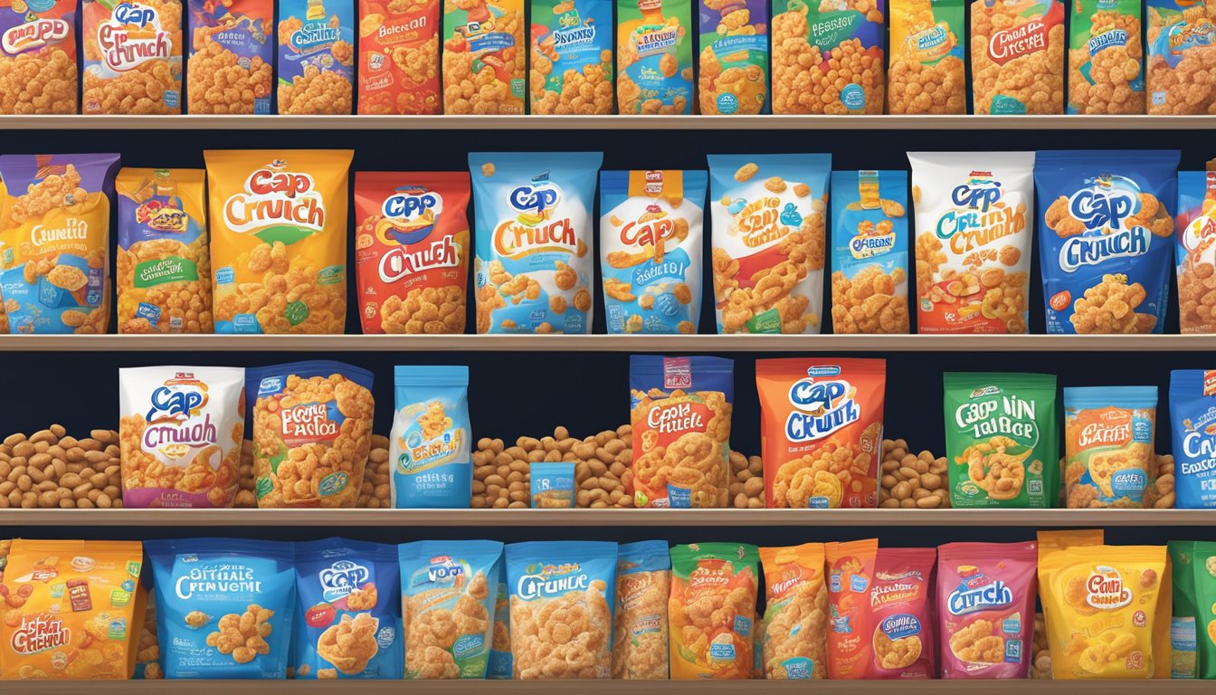 A colorful box of Cap'n Crunch cereal sits on a shelf next to various other breakfast options, surrounded by bright packaging and enticing labels