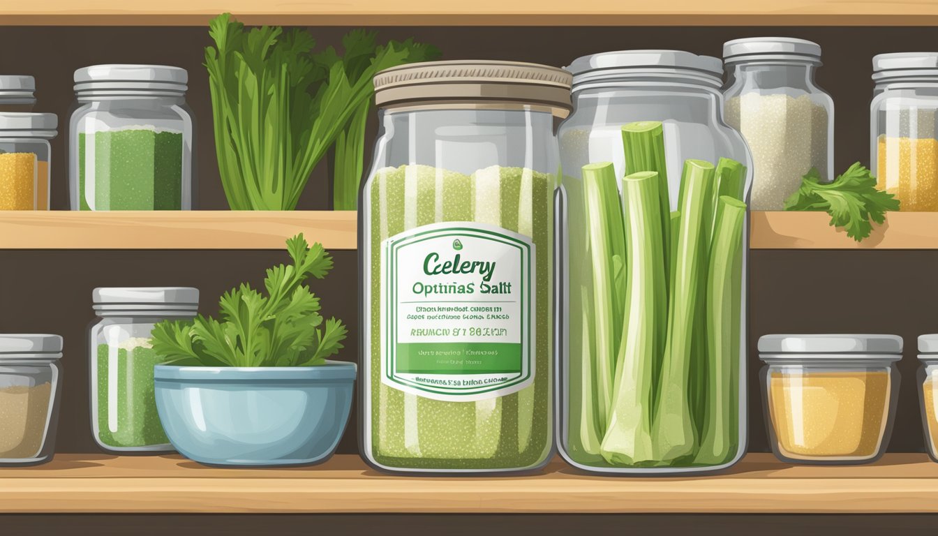 A jar of celery salt sits on a pantry shelf, sealed tightly to preserve its freshness. Nearby, a calendar marks the date it was opened, ensuring optimal storage practices