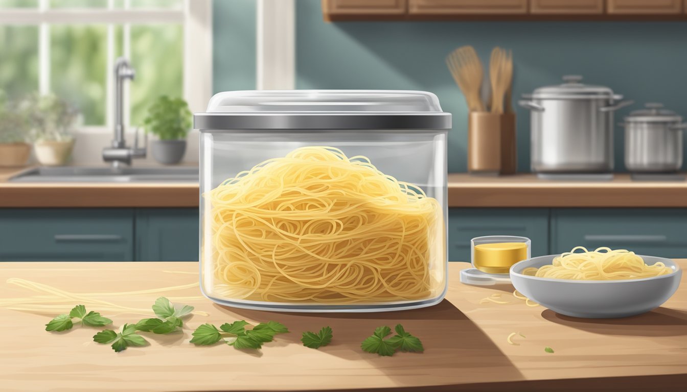 A clear glass container filled with cooked capellini pasta, sealed with a lid, sitting on a kitchen counter