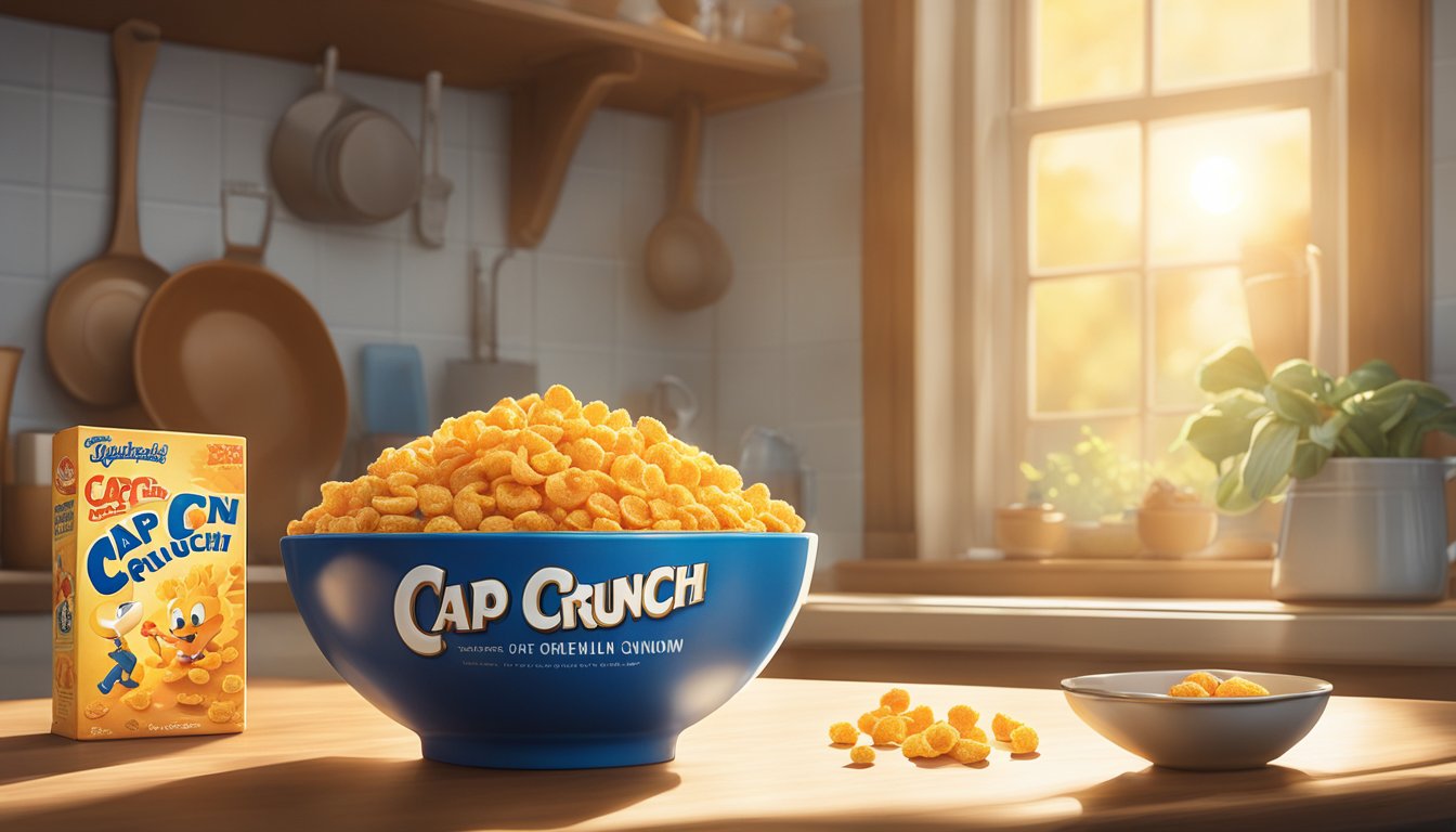 A bowl of Cap'n Crunch cereal sits on a kitchen table, surrounded by a vintage cereal box and a spoon. Rays of morning sunlight filter through the window, casting a warm glow over the scene