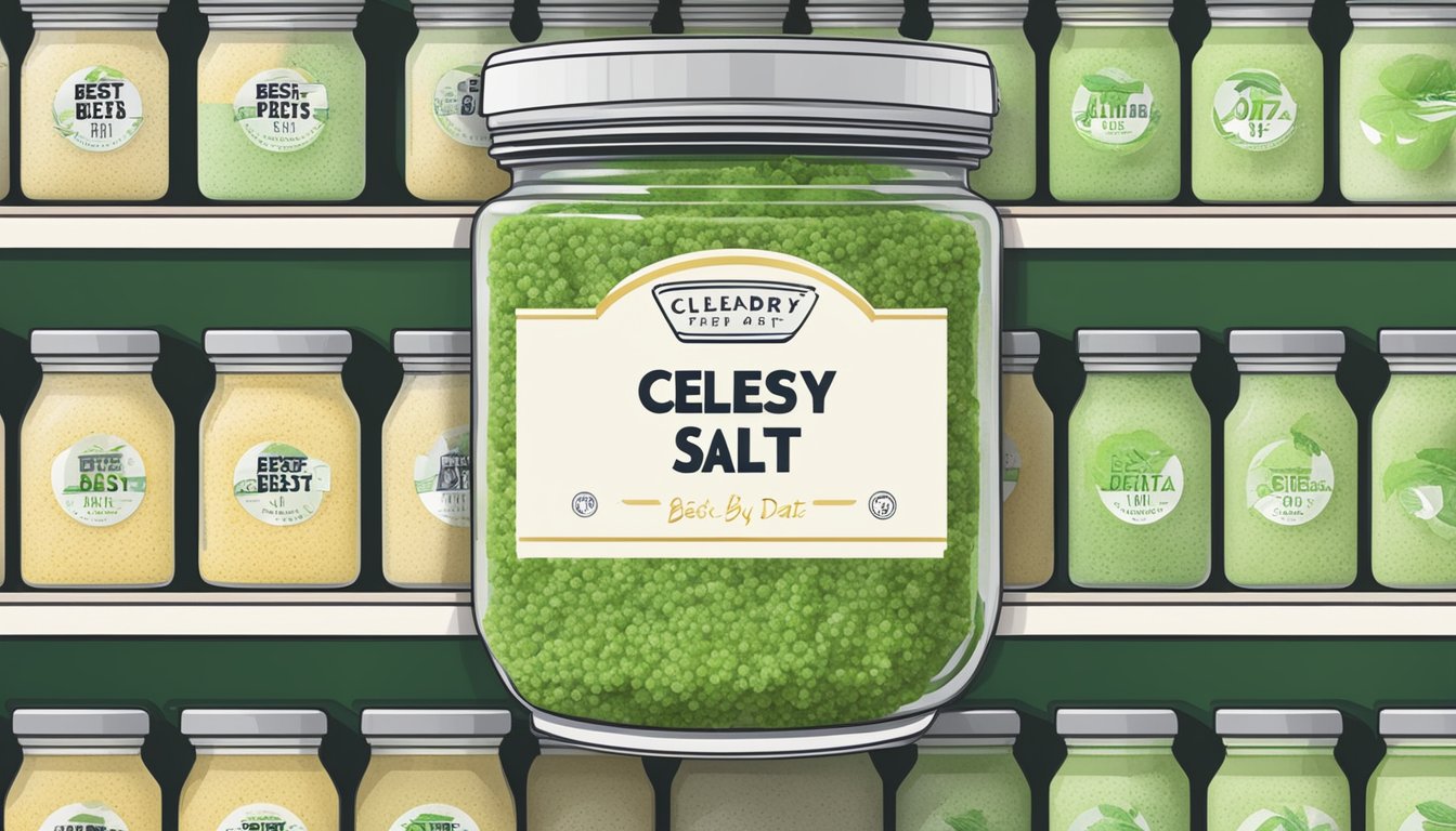 A jar of celery salt on a shelf with a "best by" date label