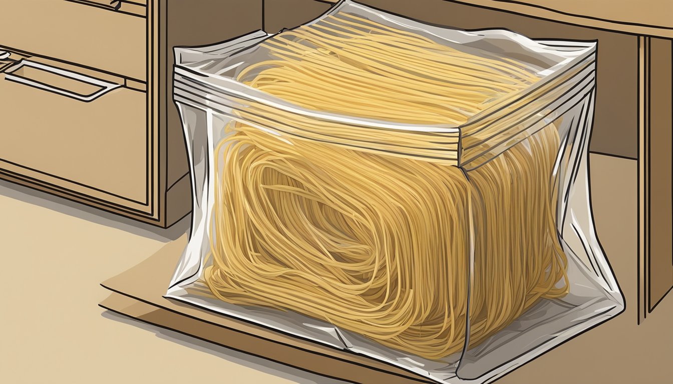 A package of capellini pasta sits on a pantry shelf, surrounded by other dry goods. The pasta is sealed in a clear plastic bag, with the delicate strands visible through the packaging