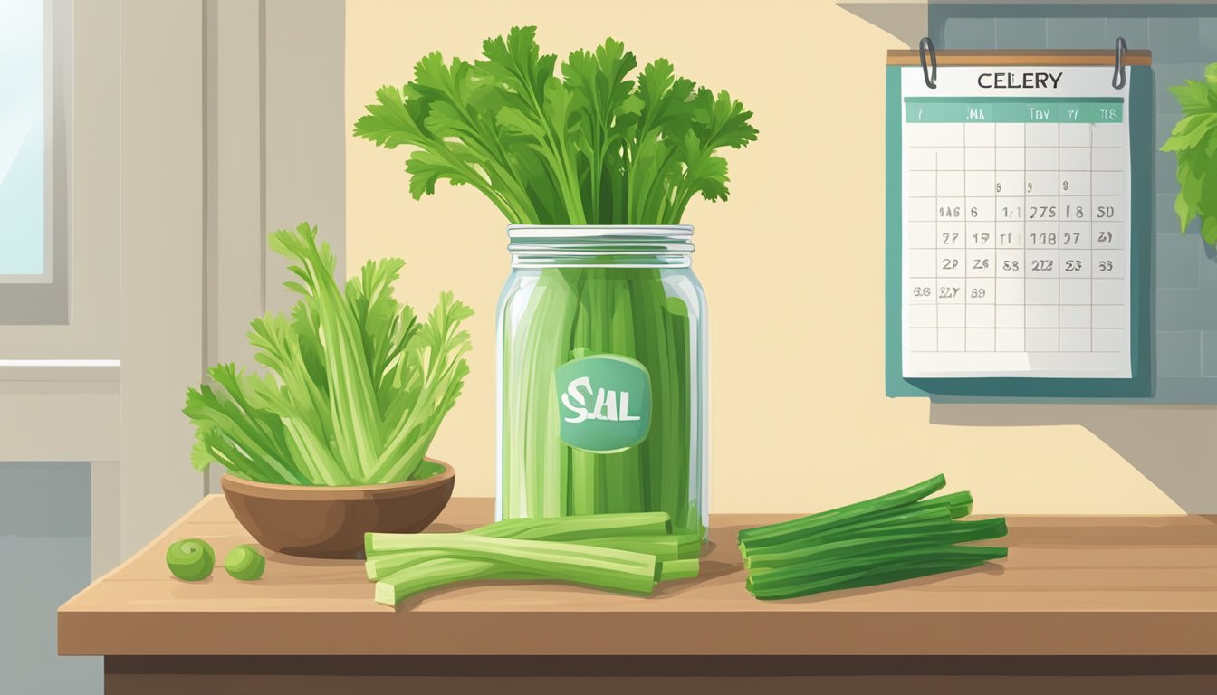 A jar of celery salt sits on a kitchen shelf, surrounded by fresh celery stalks and a calendar showing the current date