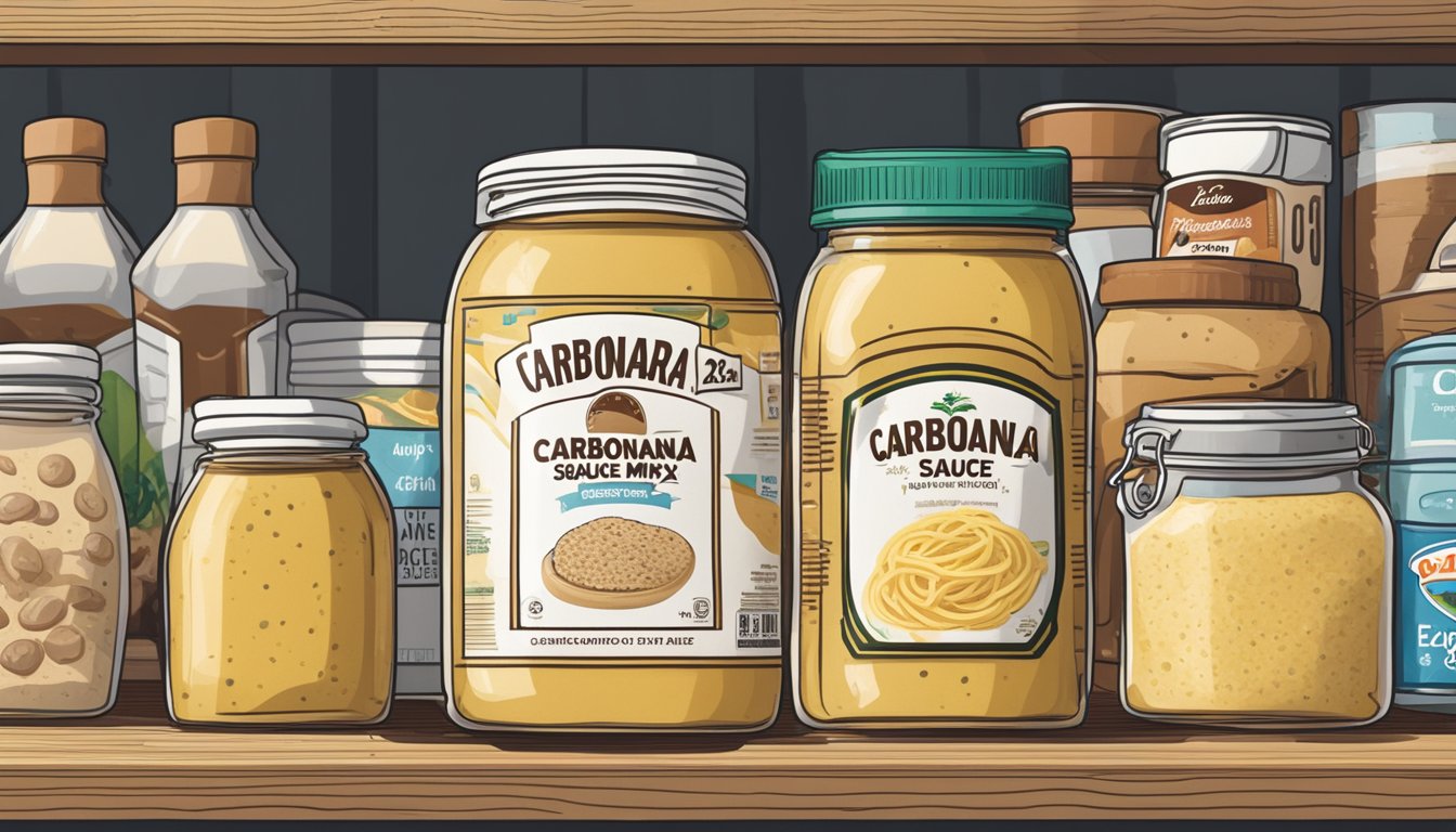 A jar of carbonara sauce mix sits on a pantry shelf, surrounded by other food items. The label indicates the expiration date