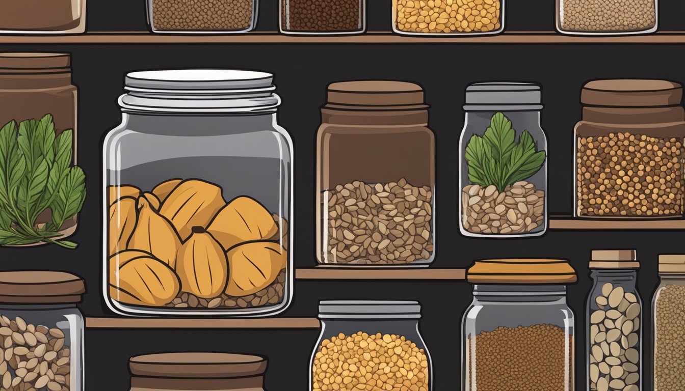 A jar of caraway seeds sits on a kitchen shelf, surrounded by other spices and herbs. The seeds are small, dark brown, and fragrant