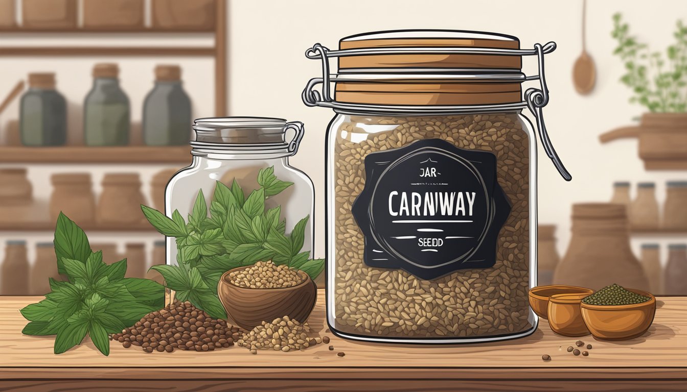 A jar of caraway seeds sits on a wooden shelf, surrounded by other spices and herbs. The label on the jar indicates the shelf life of the seeds