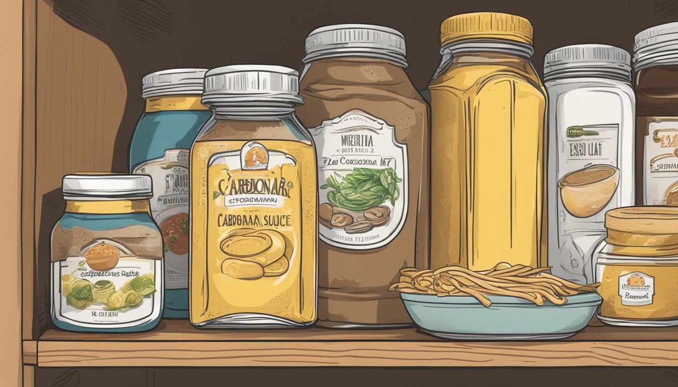 A jar of carbonara sauce mix sits on a pantry shelf, surrounded by other condiments and ingredients. The expiration date on the label is clearly visible