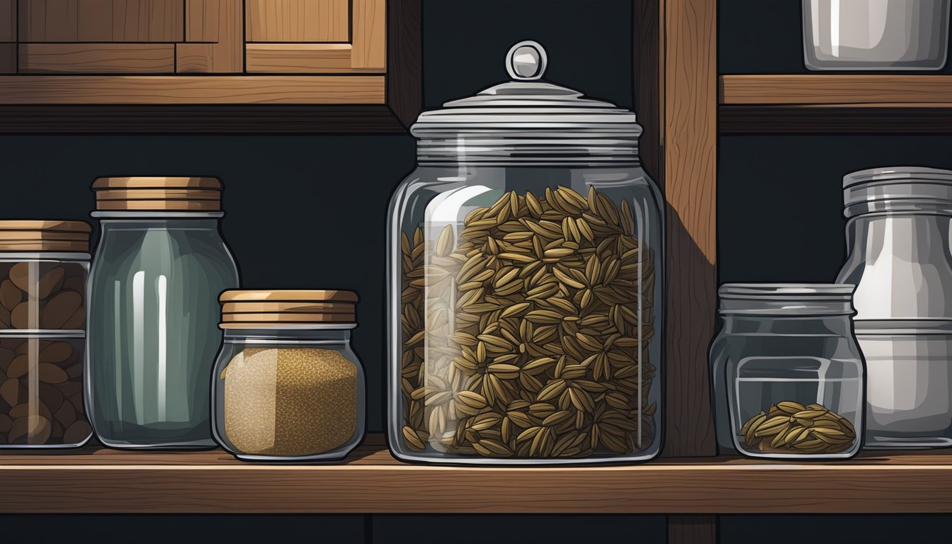 A glass jar filled with caraway seeds sits on a shelf in a cool, dark pantry