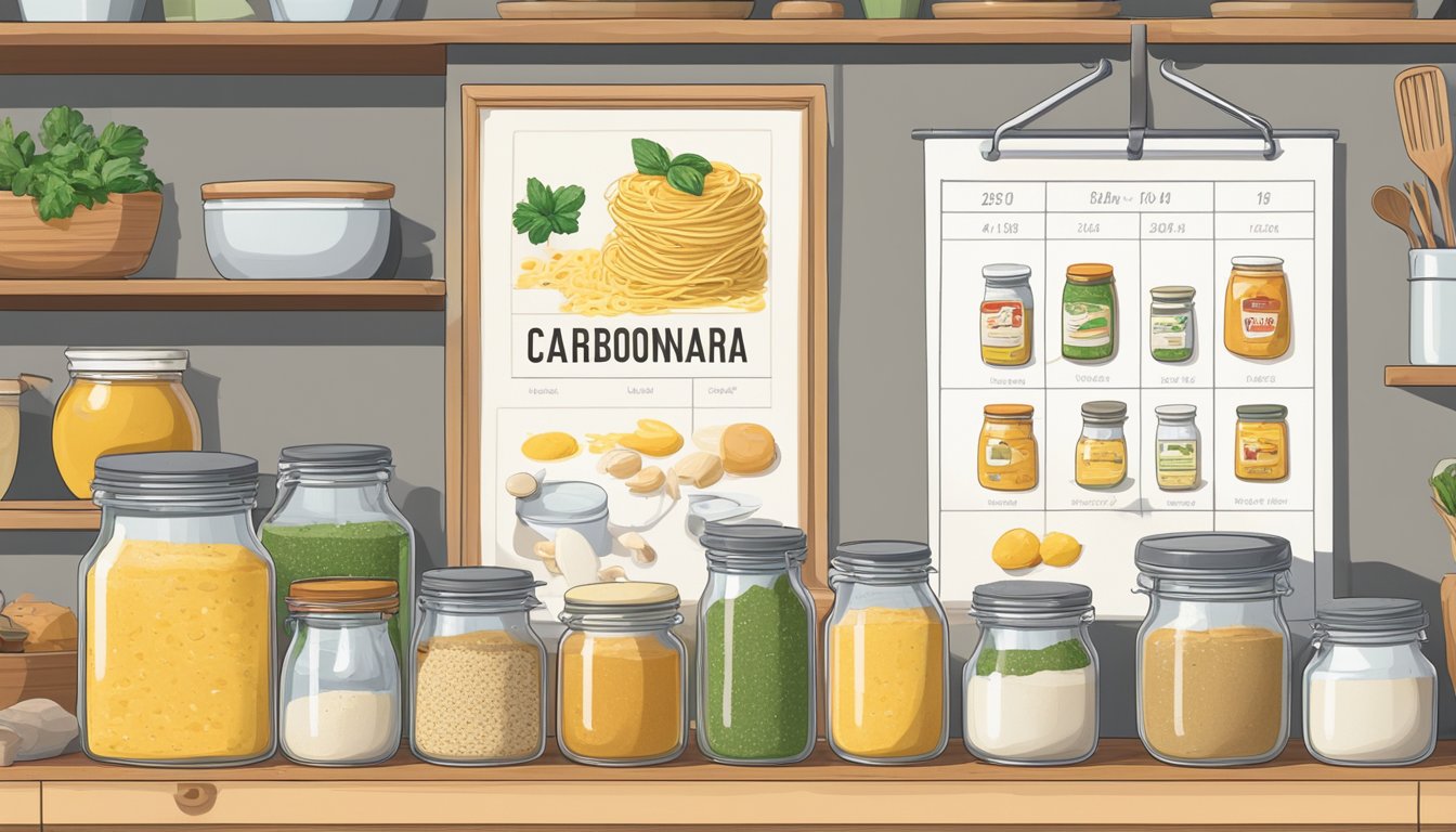 A jar of carbonara sauce mix sits on a kitchen shelf, surrounded by various ingredients. A calendar on the wall shows the current date