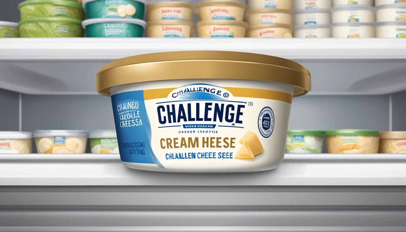 A tub of Challenge Cream Cheese sits unopened on a clean, organized refrigerator shelf. The expiration date is clearly visible on the packaging