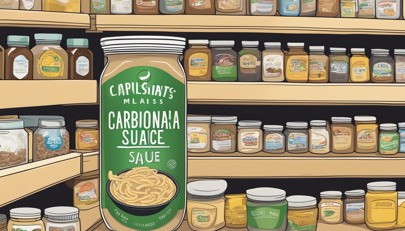 A jar of carbonara sauce mix sits on a shelf, surrounded by other pantry items. The label indicates the expiration date, and the jar appears unopened and undisturbed