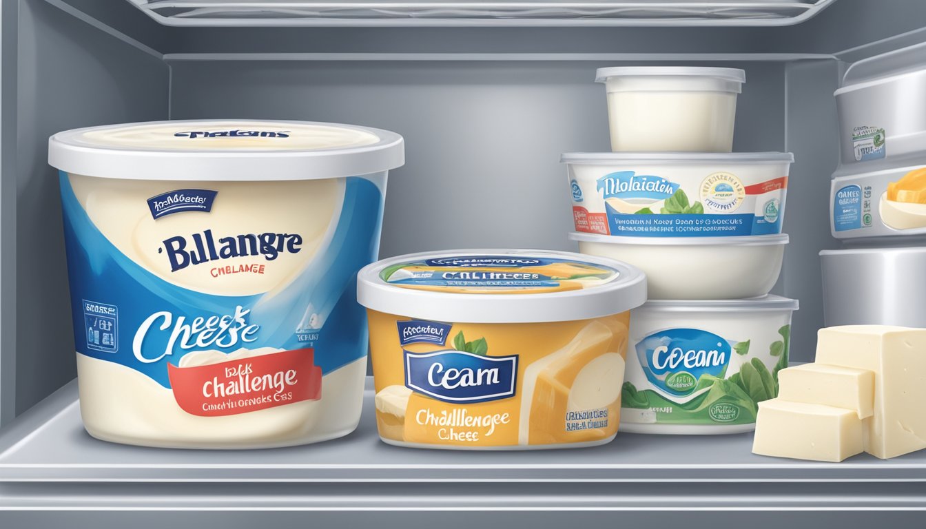 A block of Challenge Cream Cheese sits in a refrigerator next to other dairy products. The fridge is clean and organized, with the cream cheese clearly labeled and sealed