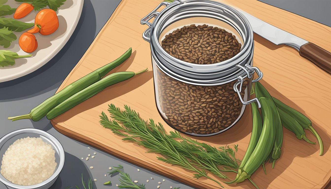 A jar of caraway seeds sits on a kitchen counter, next to a cutting board with chopped vegetables and a pot simmering on the stove