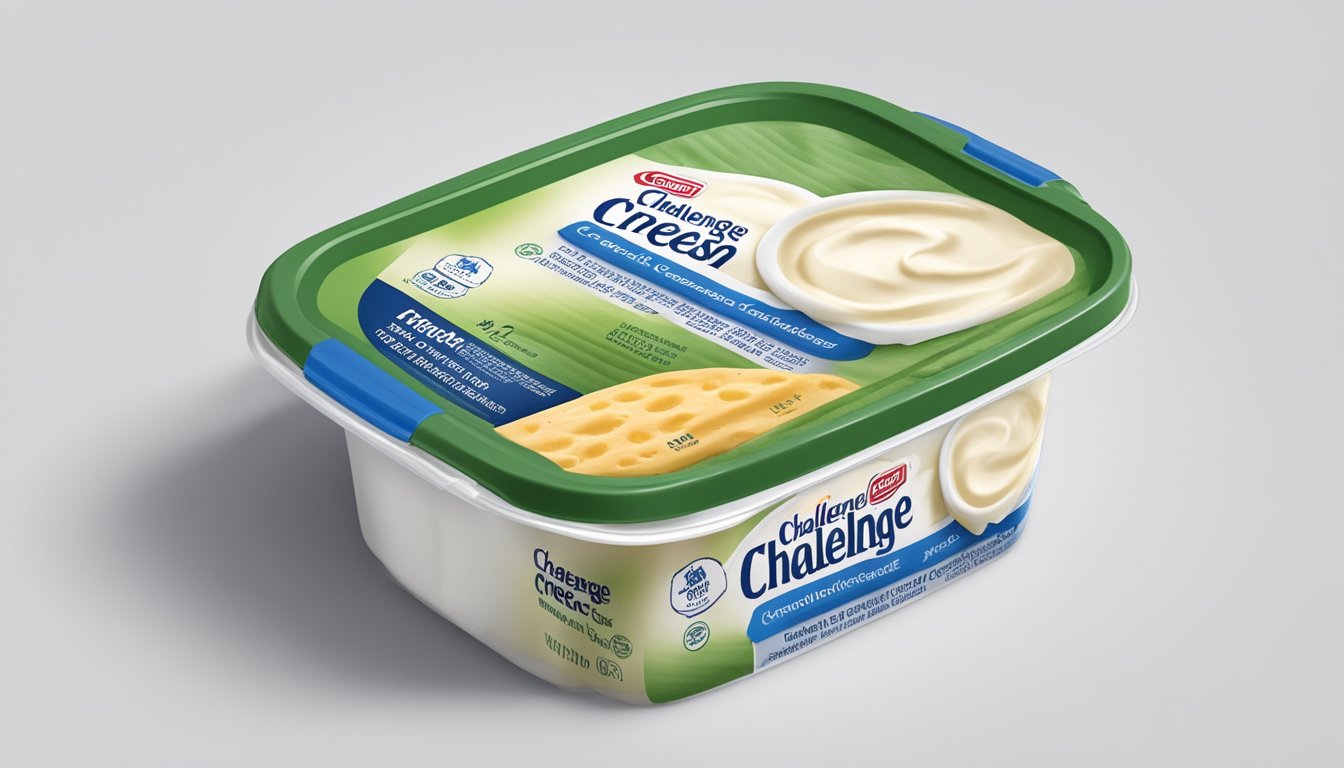 An open container of Challenge Cream Cheese with visible signs of mold and spoilage