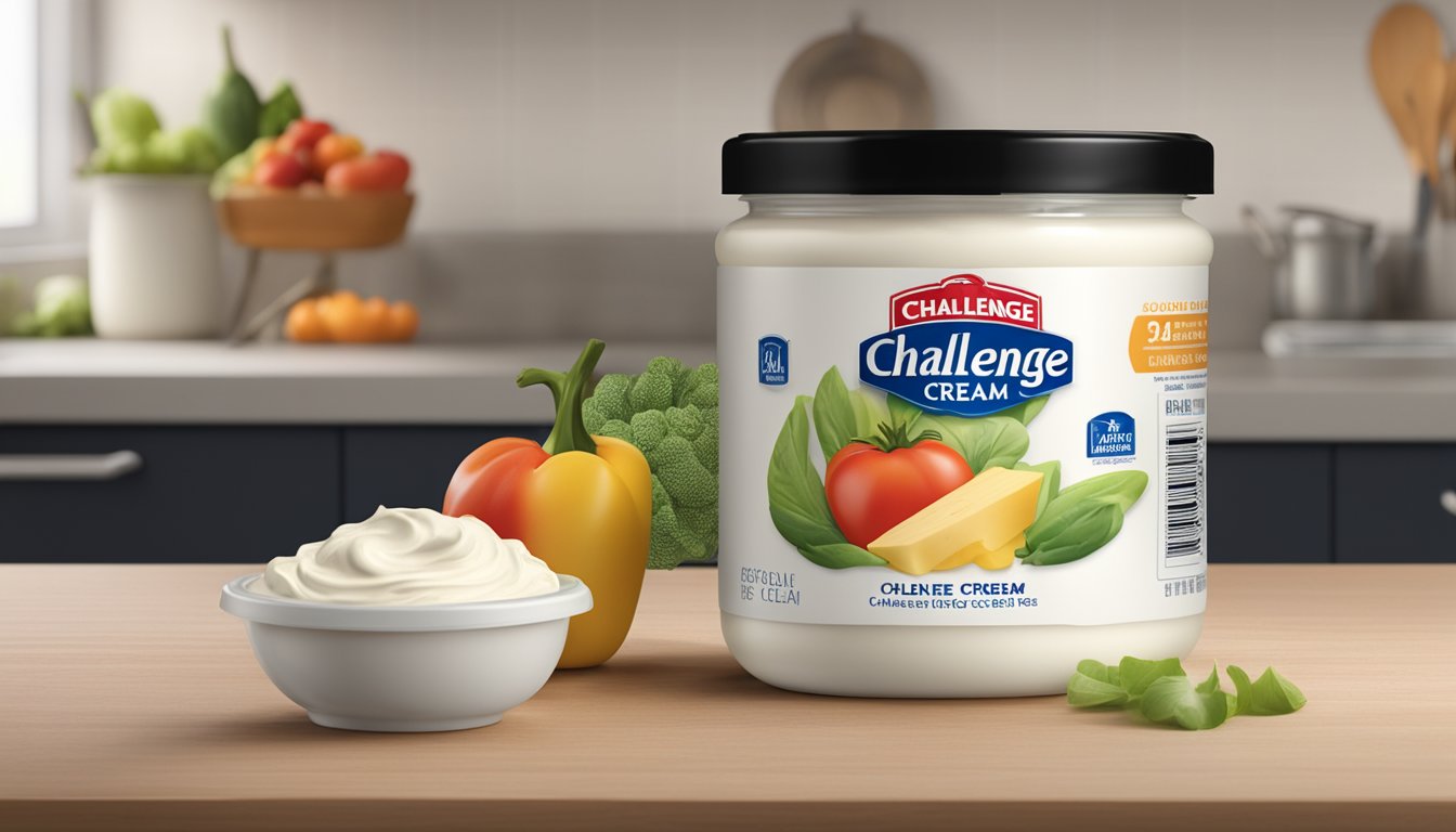 A sealed container of Challenge Cream Cheese, with an expiration date clearly visible, surrounded by fresh produce and a clean kitchen environment