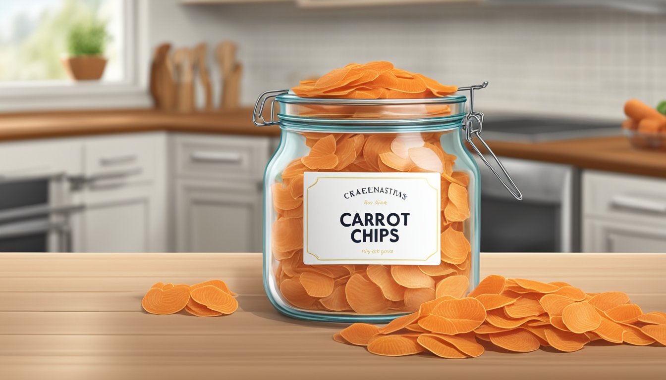 A glass jar filled with carrot chips, sealed with a lid, sitting on a kitchen counter next to a label indicating the date of preparation