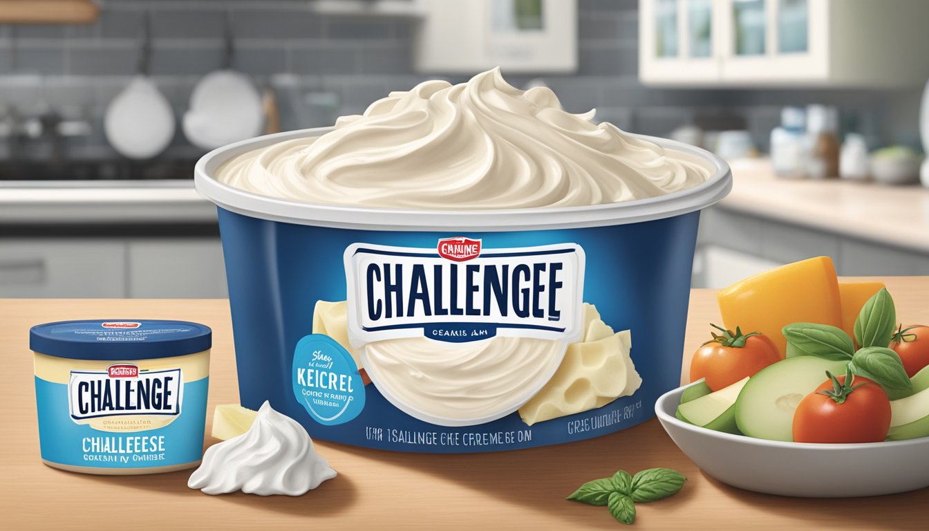 A tub of Challenge Cream Cheese sits unopened on a clean, organized kitchen counter, surrounded by ingredients and a recipe book