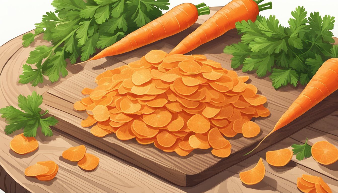 A pile of vibrant orange carrot chips arranged neatly on a wooden cutting board, surrounded by fresh whole carrots and a scattering of green parsley leaves