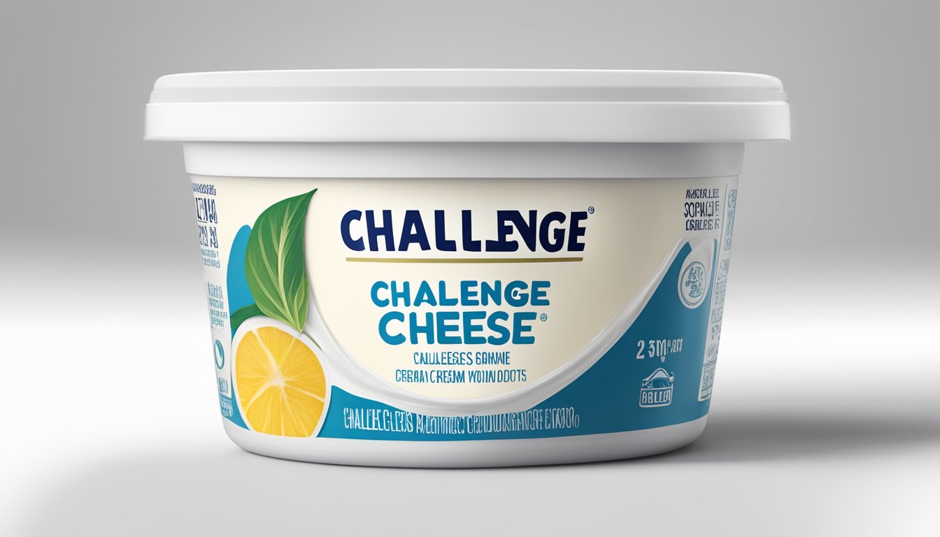 A tub of Challenge Cream Cheese sits on a clean, white countertop with a soft, natural light illuminating the packaging. A small, simple label indicates the expiration date