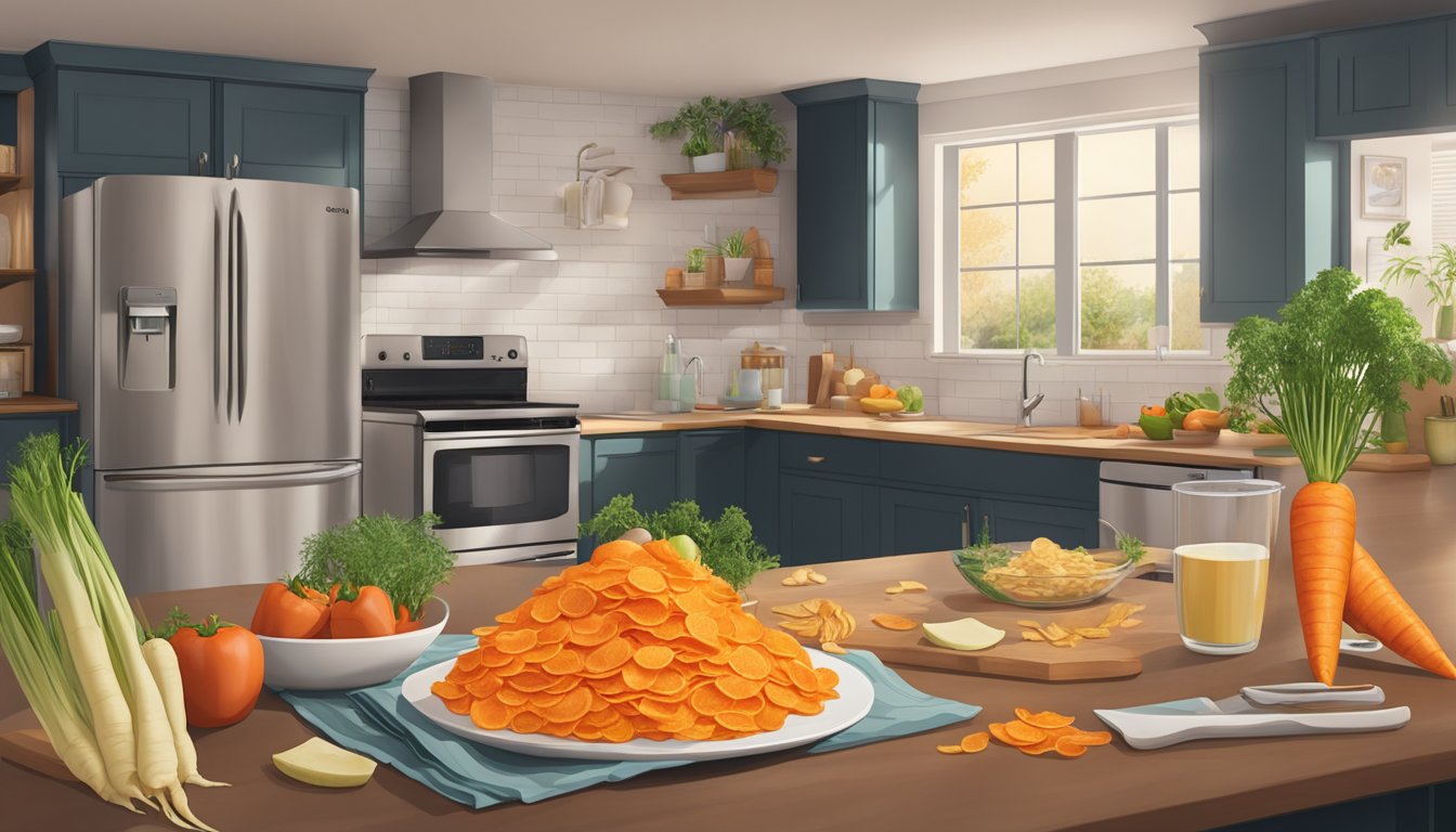 A pile of carrot chips sits on a kitchen counter, surrounded by a variety of food items. A calendar on the wall shows the current date