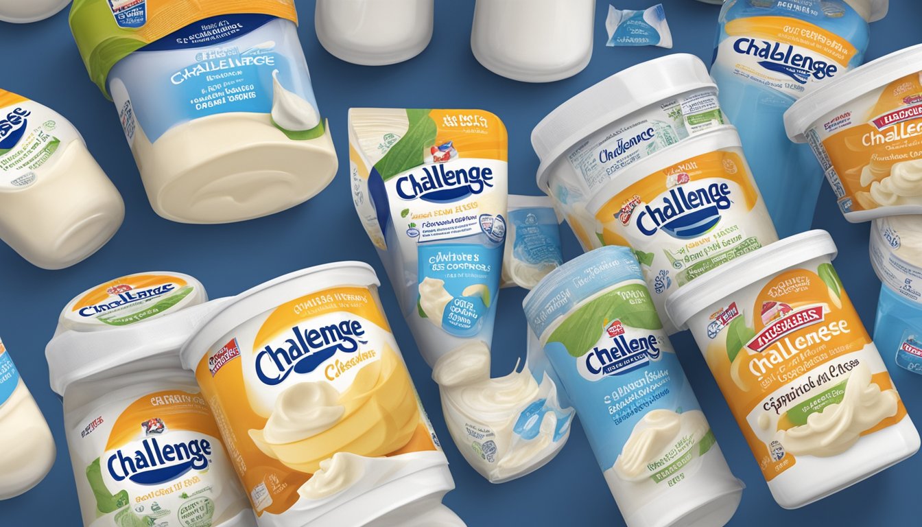 A sealed tub of Challenge Cream Cheese sits in a refrigerator next to various other dairy products. The expiration date is clearly visible on the packaging