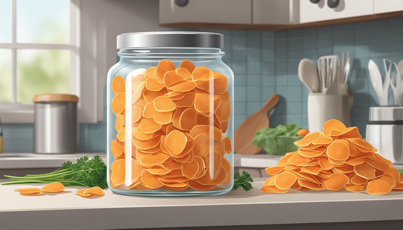 A clear glass jar filled with carrot chips sits on a kitchen counter, sealed with a lid. The surrounding area is clean and organized