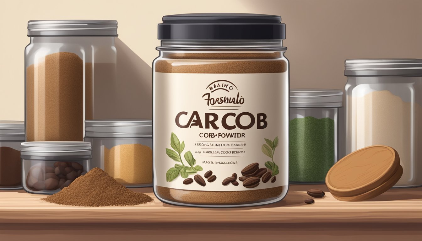 A jar of carob powder sits on a shelf, surrounded by other baking ingredients. The lid is tightly sealed, indicating freshness