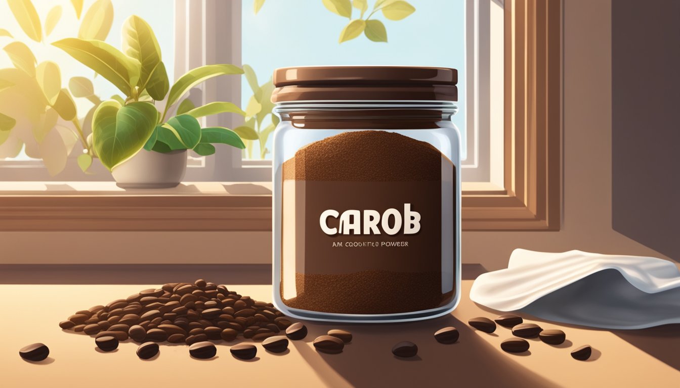 A jar of carob powder sits on a shelf, surrounded by fresh carob pods. Rays of sunlight filter through the window, highlighting the rich brown color of the powder