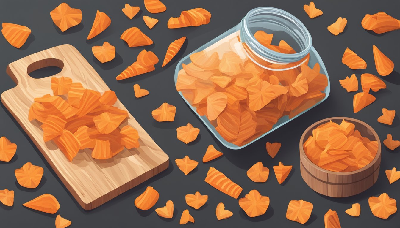 A pile of carrot chips in various shapes and sizes, some scattered on a wooden cutting board, others in a glass jar