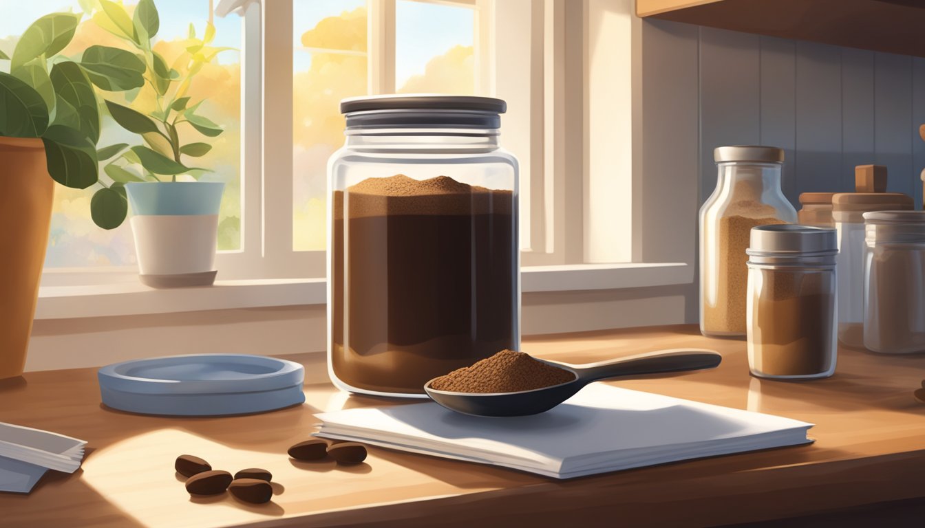 A jar of carob powder sits on a clean kitchen counter, next to a measuring spoon and a recipe book. The sunlight streams in through the window, casting a warm glow over the scene