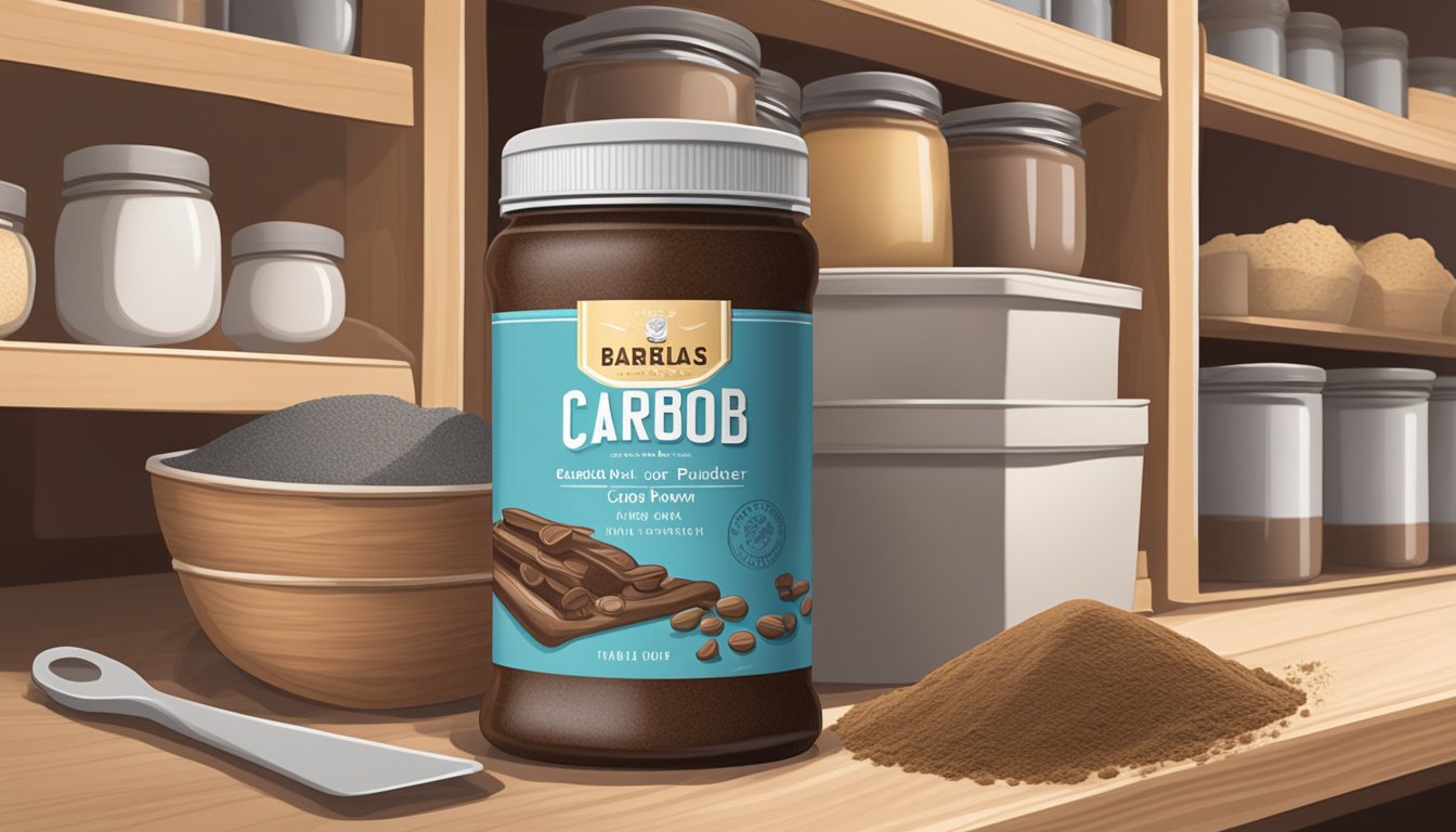 A sealed container of carob powder sits on a pantry shelf, surrounded by other baking ingredients. The expiration date on the label is visible