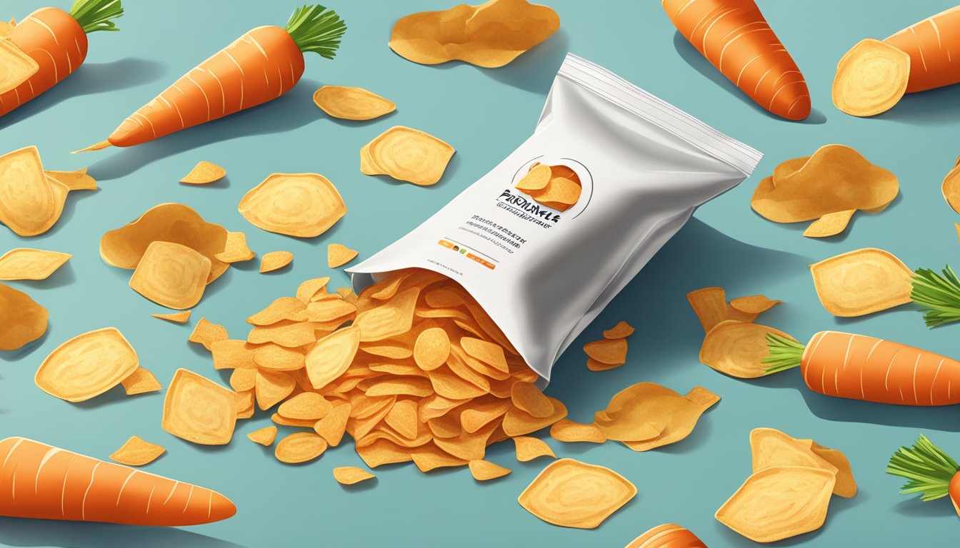 A pile of carrot chips spilling out of a open bag, with a small stack of chips next to it and a few scattered on the surface