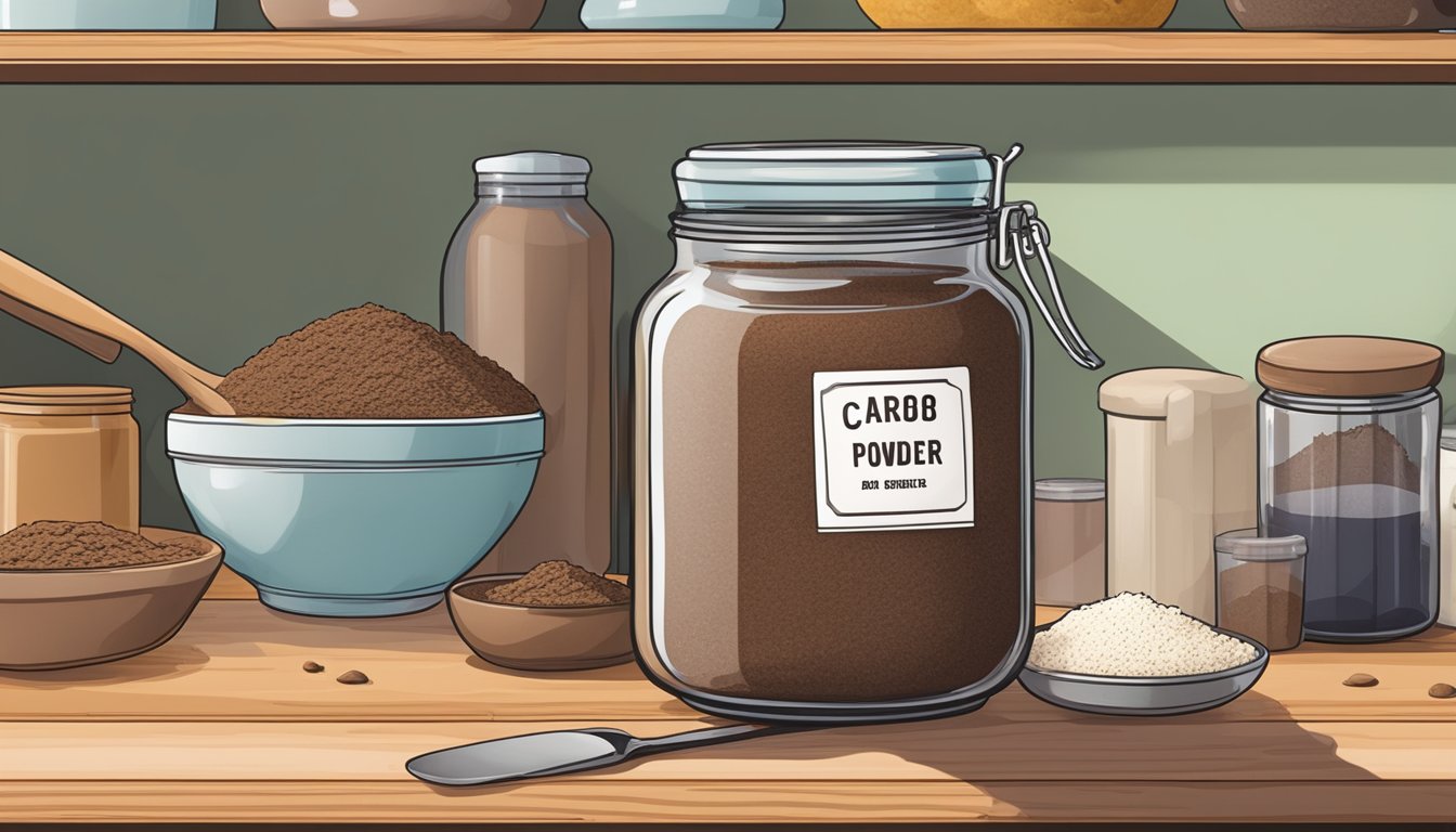 A jar of carob powder sits on a kitchen shelf, with a label indicating the expiration date. The jar is surrounded by other baking ingredients and utensils