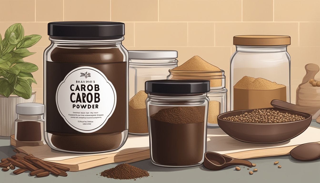 A jar of carob powder sits on a shelf, surrounded by other baking ingredients. The lid is tightly sealed, and the powder inside is a rich, deep brown color