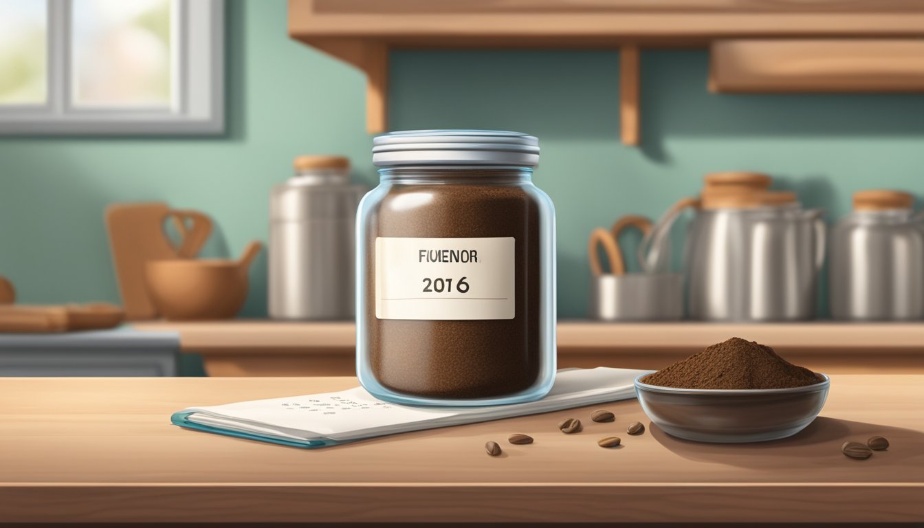 A sealed jar of carob powder on a kitchen shelf, with a calendar showing the current date and a date marked one year in the future