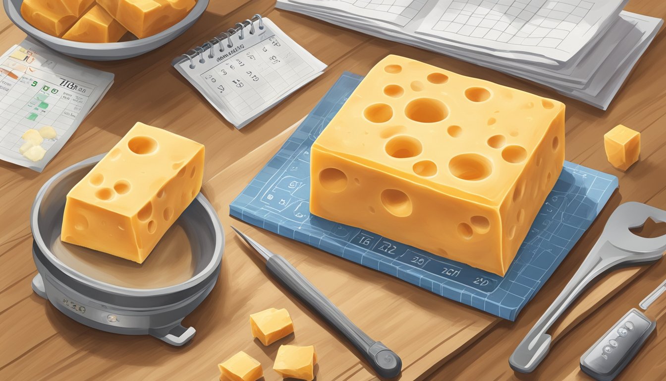 A block of cheddar cheese sits on a kitchen counter, surrounded by a calendar and a thermometer