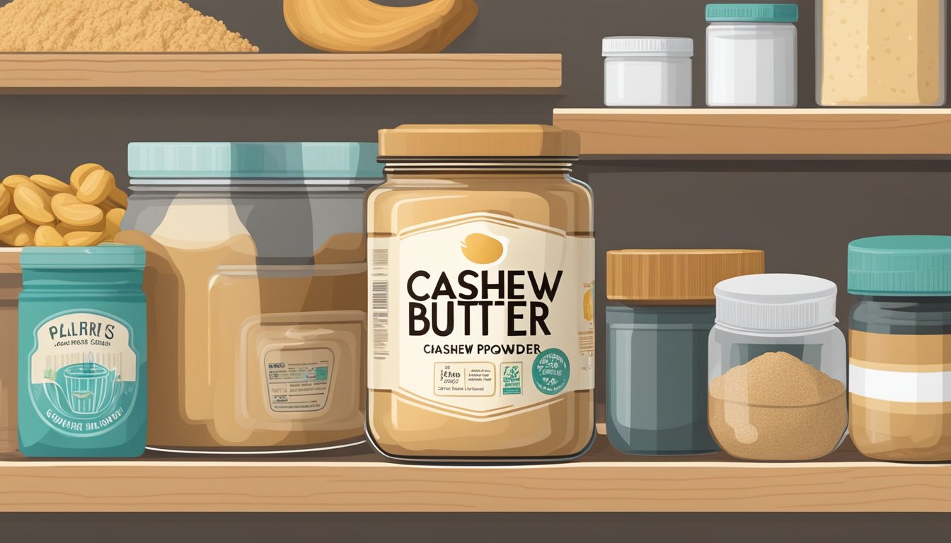 A jar of cashew butter powder sits on a shelf, surrounded by other pantry items. The label on the jar indicates the expiration date