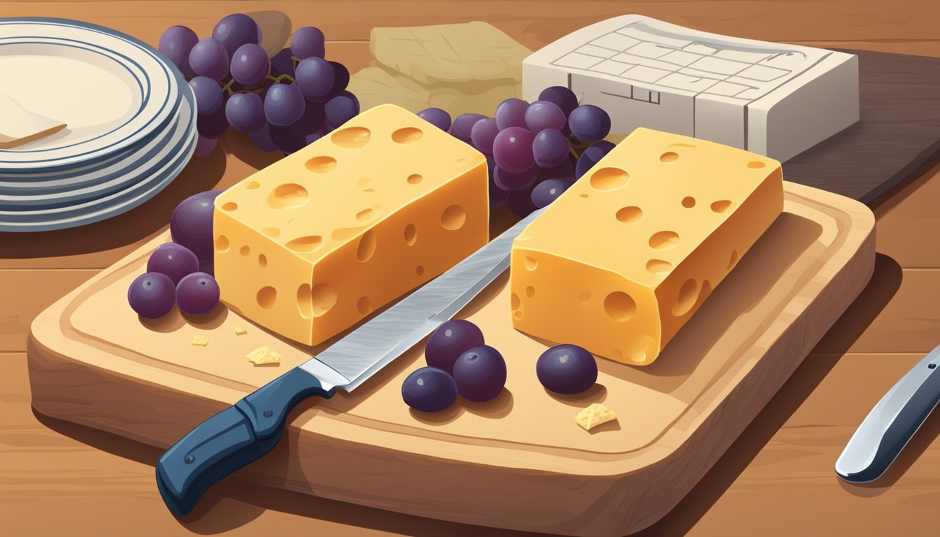 A block of cheddar cheese sits on a wooden cutting board next to a knife, grapes, and crackers. A calendar on the wall shows the current date