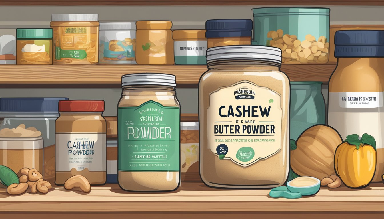 A jar of cashew butter powder sits on a kitchen shelf, surrounded by other pantry items. The label on the jar indicates the expiration date