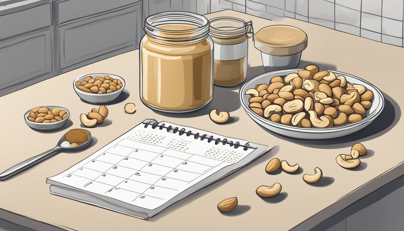 A jar of cashew butter sits on a kitchen counter, surrounded by a variety of nuts and a calendar with the current date circled