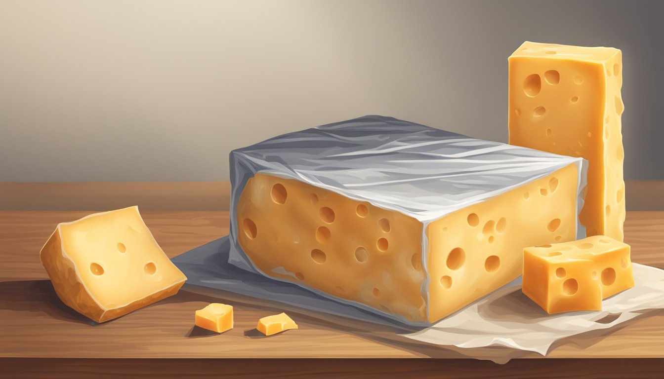 A block of cheddar cheese sits on a wooden cutting board, wrapped in parchment paper and stored in a refrigerator