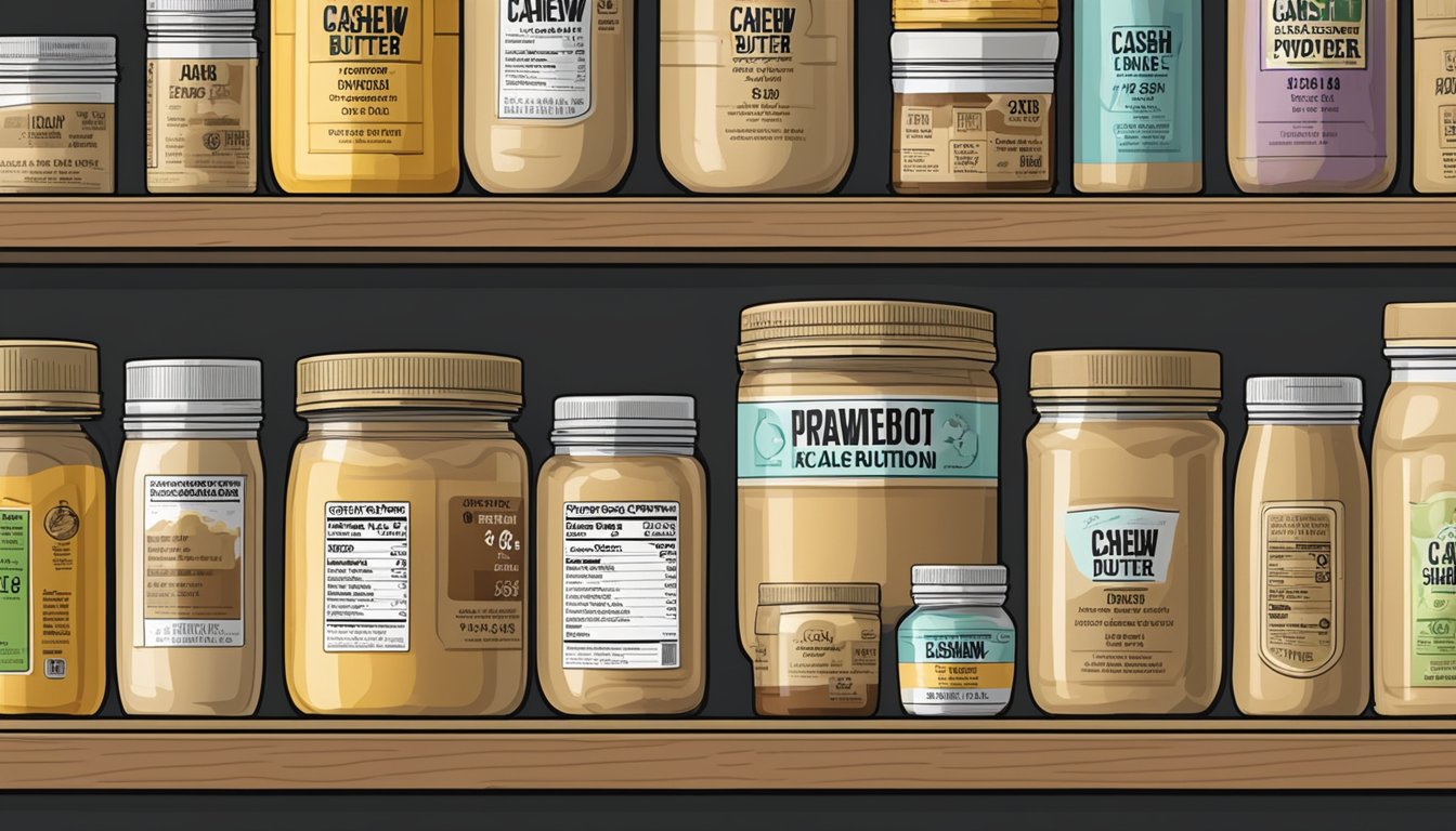 A jar of cashew butter powder sits on a shelf, surrounded by various expiration date labels