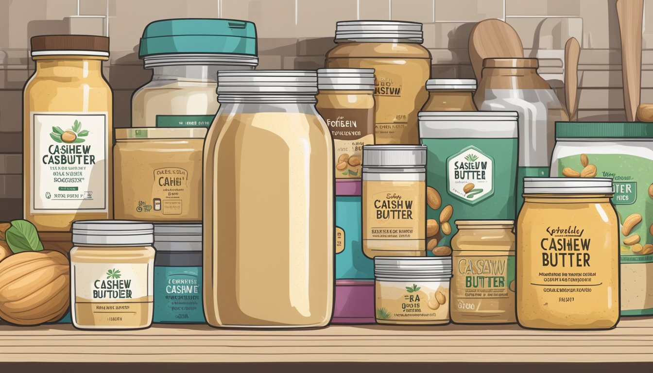 A jar of cashew butter powder sits on a kitchen shelf, surrounded by various other pantry items. The label on the jar indicates the expiration date