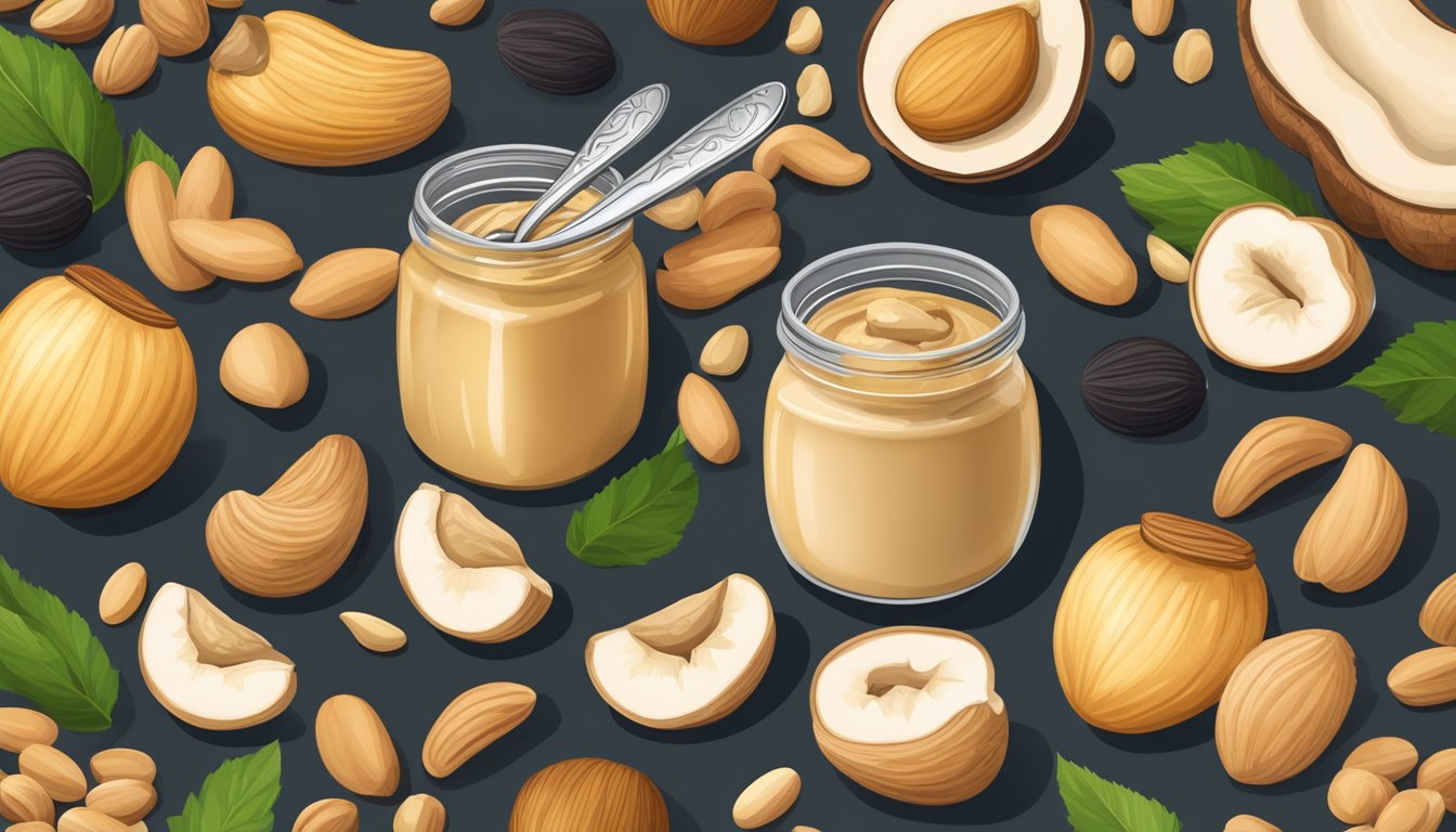 A jar of cashew butter on a kitchen counter, surrounded by a variety of nuts and seeds. The lid is partially open, and a spoon sits next to the jar