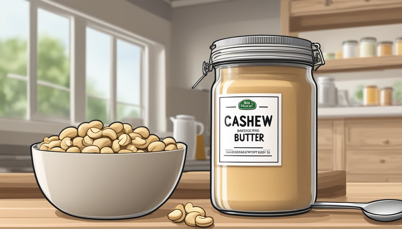 A jar of cashew butter powder sits on a shelf, surrounded by whole cashews and a measuring spoon. The expiration date is clearly visible on the label