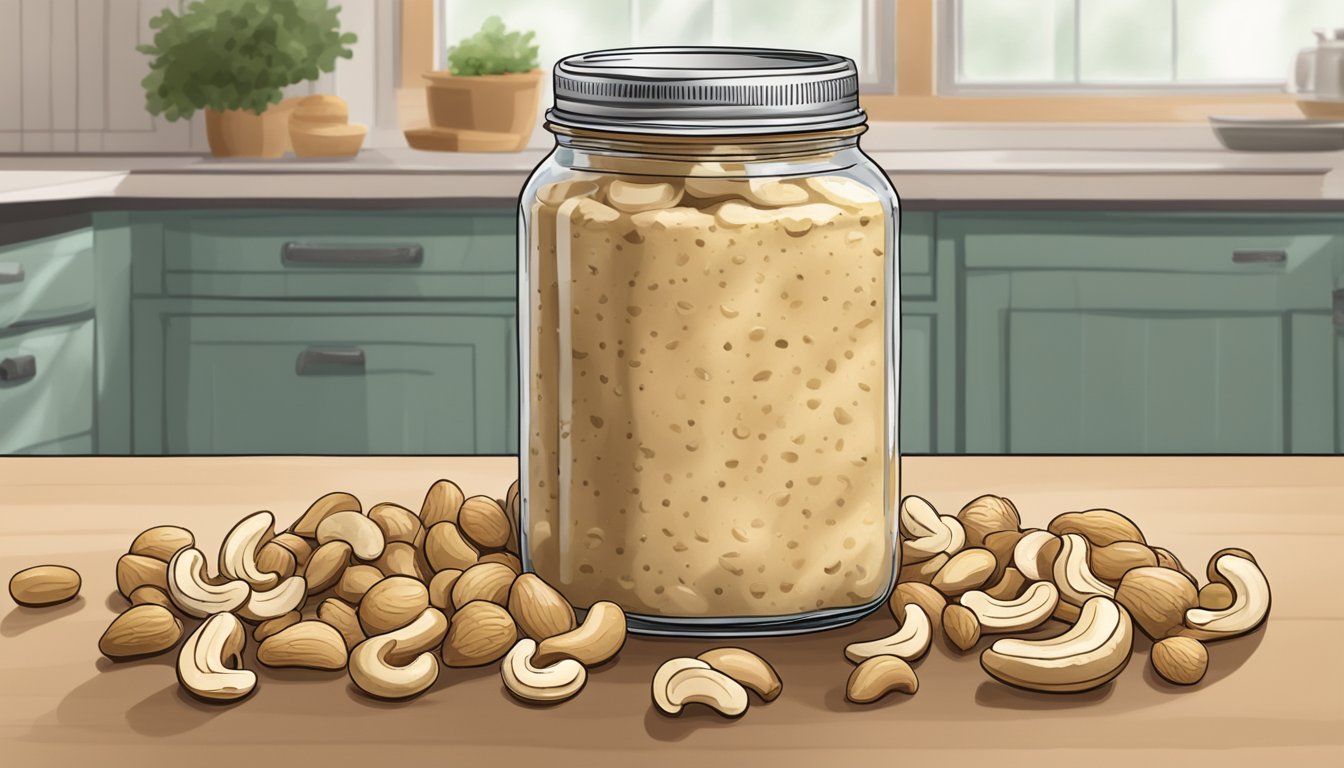 A jar of cashew butter sits open on a kitchen counter, surrounded by moldy and spoiled cashews