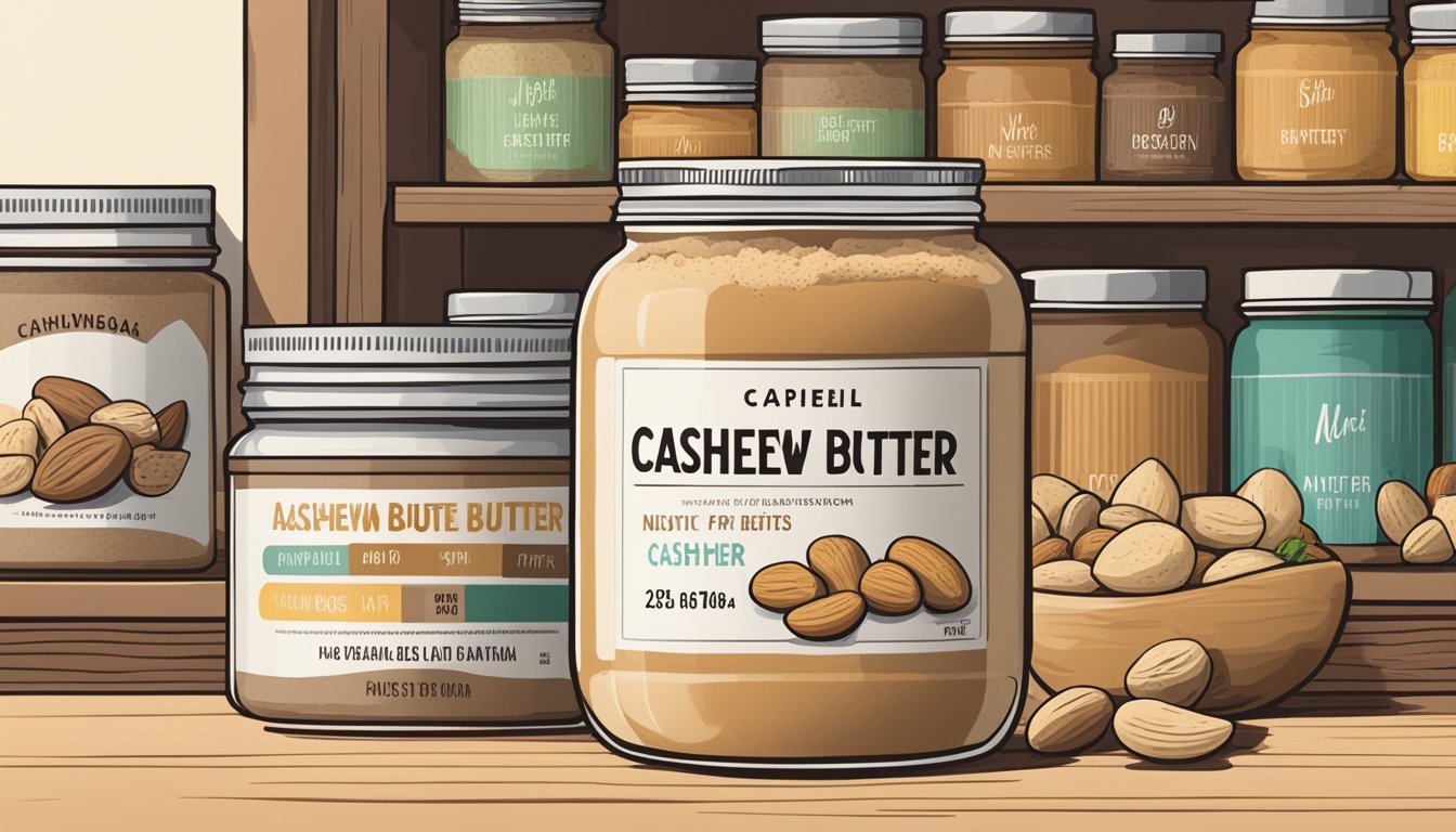 A jar of cashew butter powder sits on a shelf, surrounded by various types and varieties of nut butters. The label on the jar indicates the expiration date