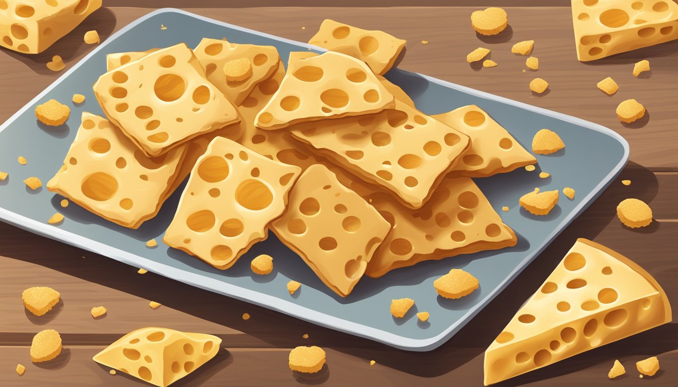 A plate of cheese crisps sits on a wooden cutting board, surrounded by a few scattered crumbs. The crisps appear golden brown and have a slightly uneven, bubbled texture