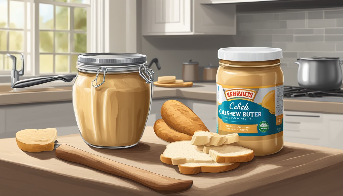 A jar of cashew butter sits on a kitchen counter, next to a knife and a slice of bread. The lid is off, indicating recent use