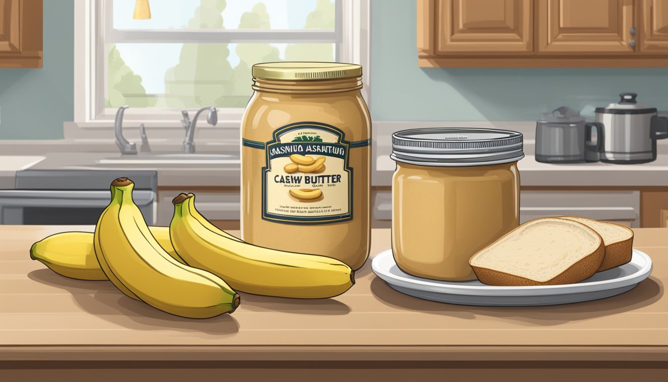 A jar of cashew butter sits on a kitchen countertop next to a loaf of bread and a bunch of bananas. The label on the jar indicates the expiration date